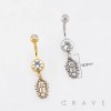 DANGLING COFFIN CHARM WITH AN EMBOSSED CROSS BELLY BUTTON NAVEL RING 316L SURGICAL STEEL